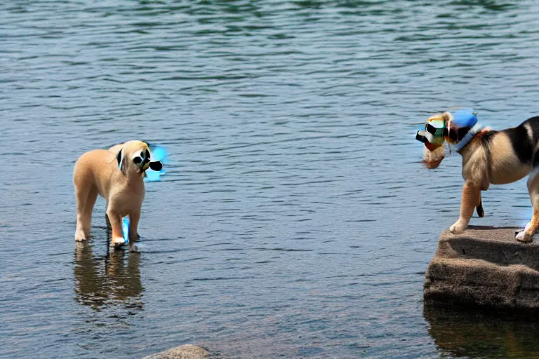 Image similar to a puppy is looking directly at the water below them while they stand at an edge