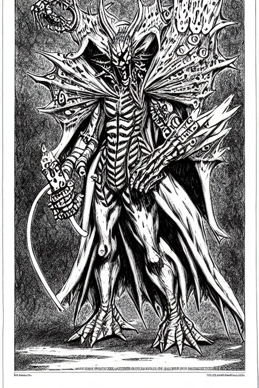 Image similar to the digimon lady devimon as a d & d monster, full body, pen - and - ink illustration, etching, by russ nicholson, david a trampier, larry elmore, 1 9 8 1, hq scan, intricate details, stylized border