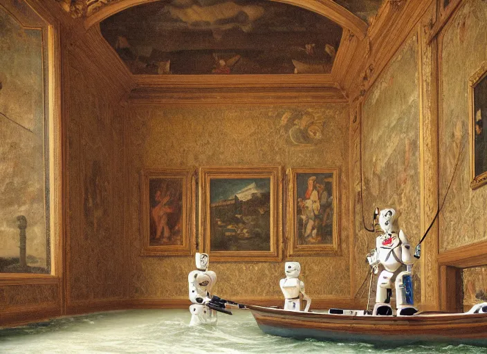 Image similar to a portrait of a humanoid robot sitting in a small boat fishing in a renaissance castle room flooded with water,