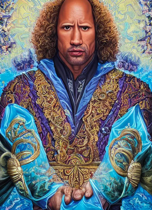 Image similar to beautiful oil painting, portrait of Dwayne the rock Johnson as Louis xiv in coronation robes 1701, Dan Mumford, Dan Mumford, Dan Mumford, Alex grey, Alex grey, lsd visuals, dmt fractal patterns, entheogen, psychedelic, hallucinogen, highly detailed, ornate, vaporwave