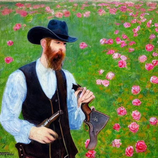 Image similar to an impressionist painting of a tall man with blue eyes that is wearing a wide brim hat and a leather vest. He is holding a revolver in his left hand and a rose is in his right hand. He is standing in a field of roses.