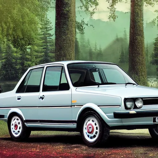 Image similar to a volkswagen jetta mk 2 by a lakeside forest, hyper realistic