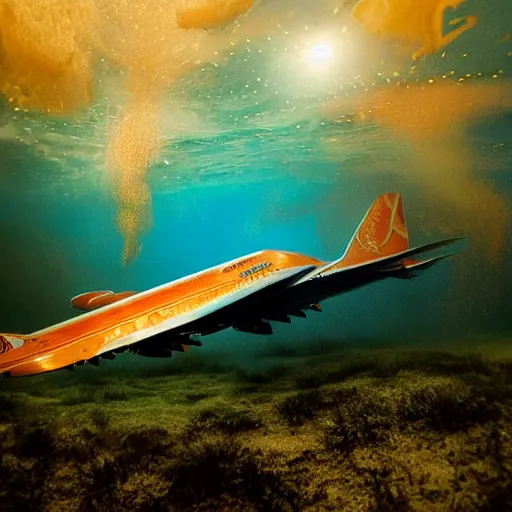Prompt: dreamlike film photography of a 1880s art nouveau Boeing 747 made of copper at night underwater in front of colourful underwater clouds by Kim Keever. In the foreground floats a seasnake. low shutter speed, 35mm