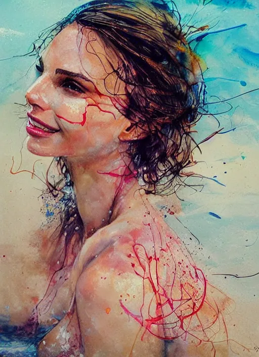 Prompt: sexy seducing smile nathalie portman at the beach by agnes cecile, half body portrait, extremely luminous bright design, pastel colours, ink drips, autumn lights