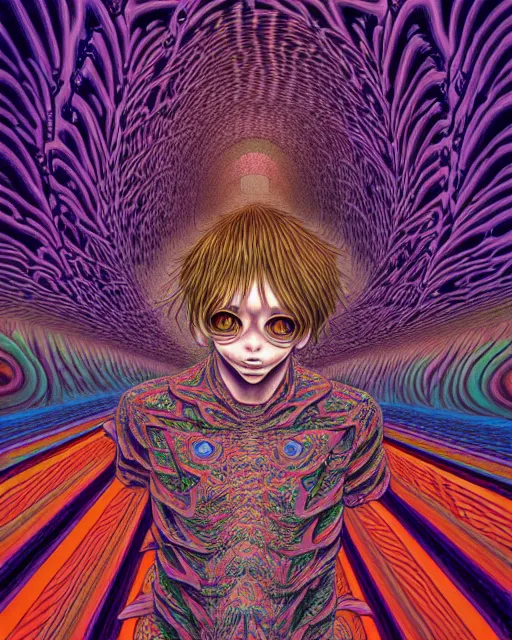 Image similar to ascension into the abyss, conjuring psychedelic background, part by shintaro kago, part by alex gray, ross tran, james jean, ultra realistic, highly detailed, 8 k, trending on artstation, symmetry