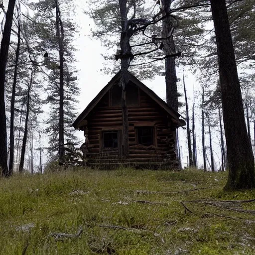 Prompt: an eerie cabin in the middle of the woods,