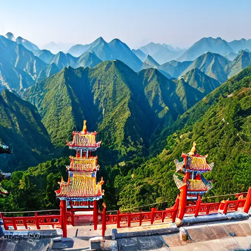 Prompt: A view of gateway to temple at the top of mountain, Chinese shanshui