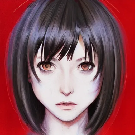 Image similar to beautiful pure evil teenager lain, cute haircut, with hundreds of network cables, neatly coming out of her head, a part of her face panel is showing, she is in pure bliss, chaos, bizarre, strange, portrait, painting, soft and intricate, fine lines, by artgerm,