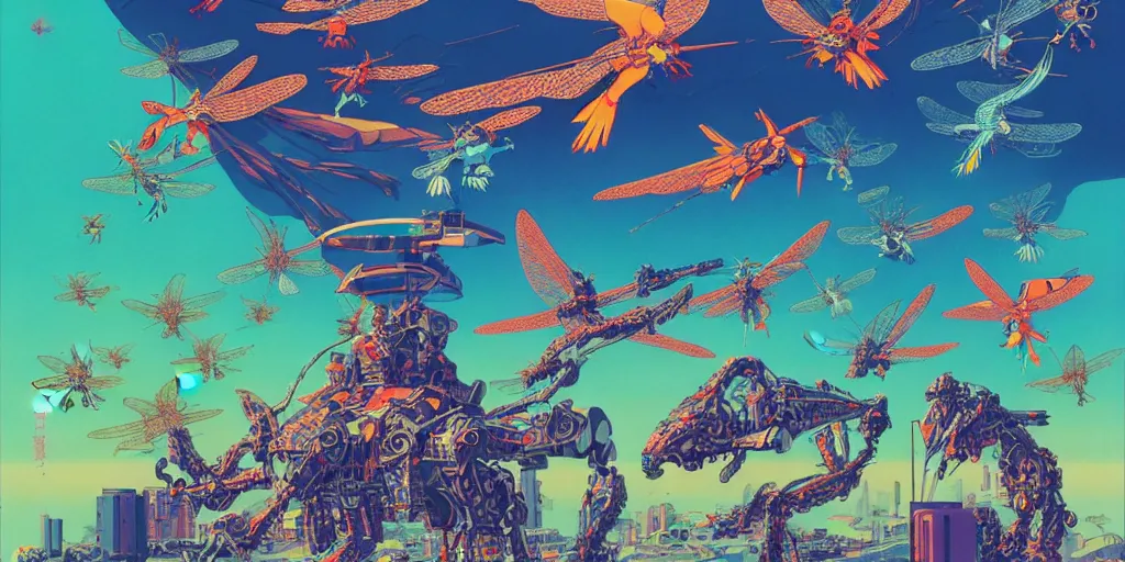 Image similar to risograph, gigantic mecha arzach birds with dragonflies, tiny rats, a lot of exotic animals around, big human faces everywhere, helicopters and tremendous birds, by satoshi kon and moebius, matte colors, surreal psychedelic design, crispy, super - detailed, a lot of tiny details, 4 k, fullshot