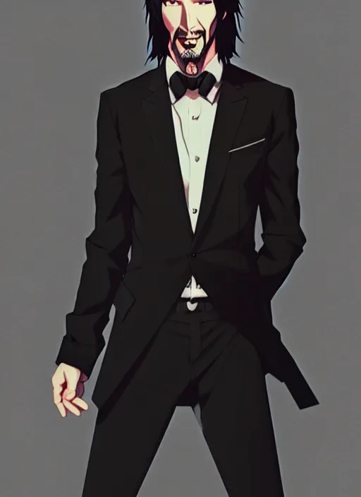 Prompt: anime portrait of keanu reeves as a handsome man, wearing black suit and bowing down, ilya kuvshinov, anime, deroo, pixiv top monthly, trending on artstation, cinematic, danbooru, zerochan art, kyoto animation