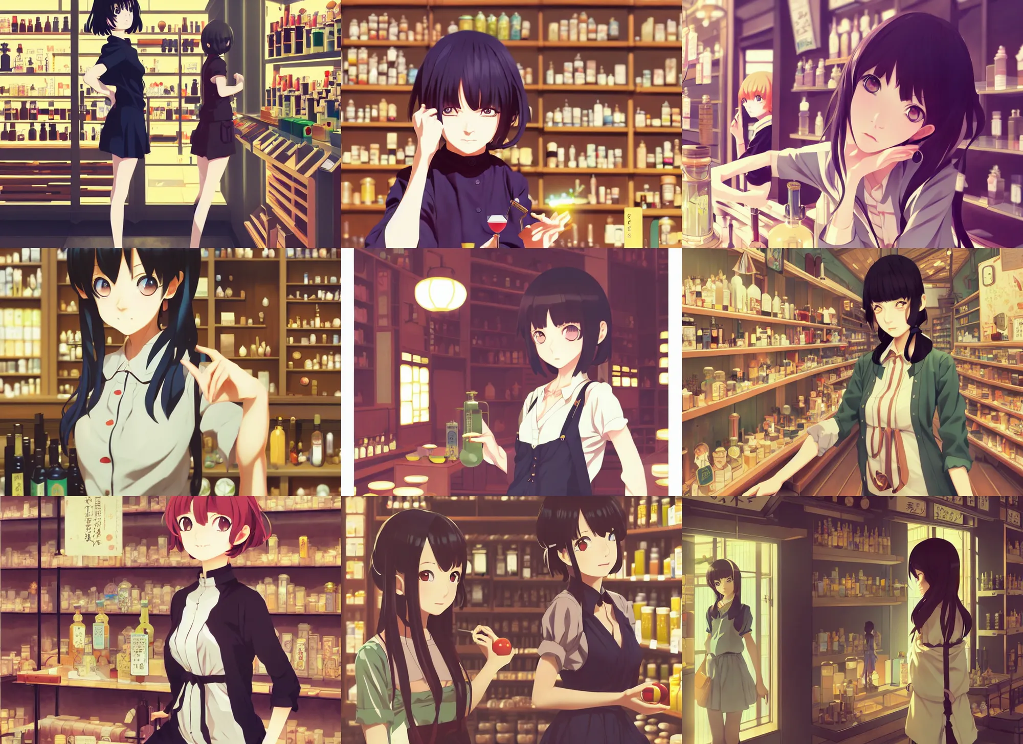 Prompt: flat, anime visual, portrait of a young female traveler in a alchemist's potion shop interior shopping, cute face by ilya kuvshinov and yoshinari yoh, moody, dynamic pose perspective, cel shaded, lomography, katsura masakazu, detailed facial features