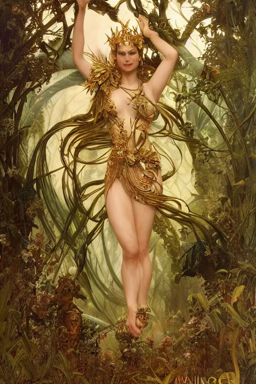 Image similar to natalie portman as queen of the jungle, jumping, midair, full figure, painted by nekro, alphonse mucha, dark - fantasy, intricate detail, artstation, cgsociety, rococo, gold leaf art