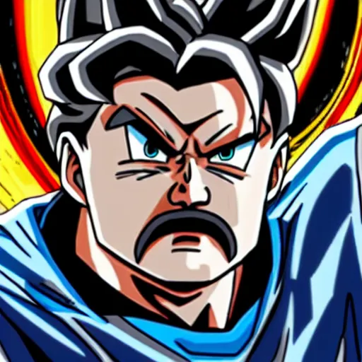 Image similar to Ultra Instinct Ron Swanson in space in the style of Dragon Ball Z