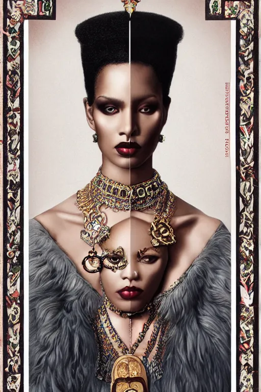 Prompt: gucci black queen fine portrait, symmetrical features, gucci photoshoting, photo shooting gucci, by tom bagshaw and gucci