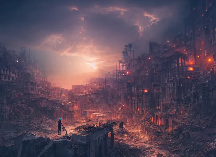 Image similar to highly detailed macro shot of rubble city focusing on a male explorers face, rule of thirds, cinematic view, epic sky, detailed, concept art, low angle, high detail, warm lighting, volumetric, godrays, vivid, beautiful, by jordan grimmer, huge scene, art greg rutkowski