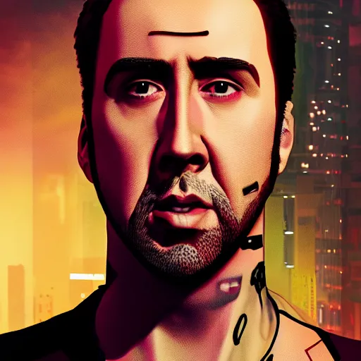 Image similar to young nicolas cage portrait, cyberpunk 2 0 7 7, cyberpunk jackie welles, photorealistic, ultra detailed, neon, octane, bokeh, cinematic lighting, cyber, cyberpunk city, studio quality, feature, scars, cyberface, 8 k