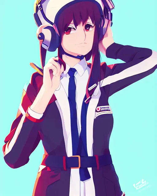 Image similar to Anime girl is dressed in plane pilot uniform. Anime. by lois van baarle, ilya kuvshinov, rossdraws, Ghibli marker anime art, manga concept Blizzard pixar maya engine on stylized background splash comics global illumination