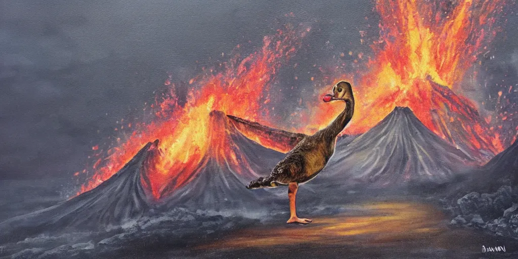 Prompt: an epic painting of a dinosaur duck walking on a volcano in eruption.