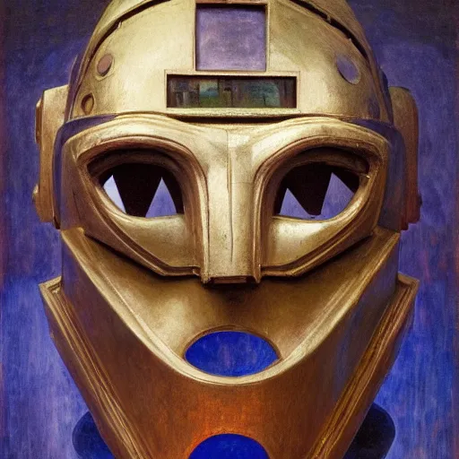 Image similar to the last guest in her robot castle mask, by Annie Swynnerton and Diego Rivera, symbolist, dramatic lighting, elaborate geometric ornament, god rays, soft cool colors,smooth, sharp focus, extremely detailed