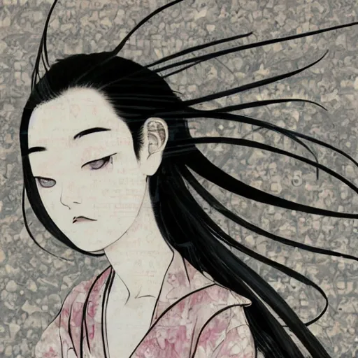 Image similar to yoshitaka amano blurred and dreamy realistic illustration of a young japanese woman with black eyes, wavy white hair fluttering in the wind wearing dress suit with tie, junji ito abstract patterns in the background, satoshi kon anime, noisy film grain effect, highly detailed, renaissance oil painting, weird portrait angle, blurred lost edges, three quarter view