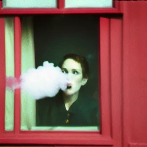 Prompt: Zoomed cropped voyeuristic direct eye contact closeup of supermodel neighbor blowing smoke in window, Technicolor, telephoto lens, vintage photograph, historical archive