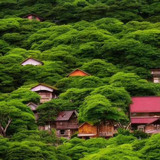 Prompt: stunning vista of lush foliage and wooden homes under dramatic sky, by studio ghibli, sharp focus vfx key shot