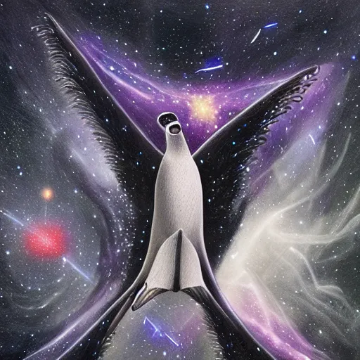 Prompt: a cosmic penguin orchestrates the death of the universe, cinematic, space, galaxies, dark, detailed art