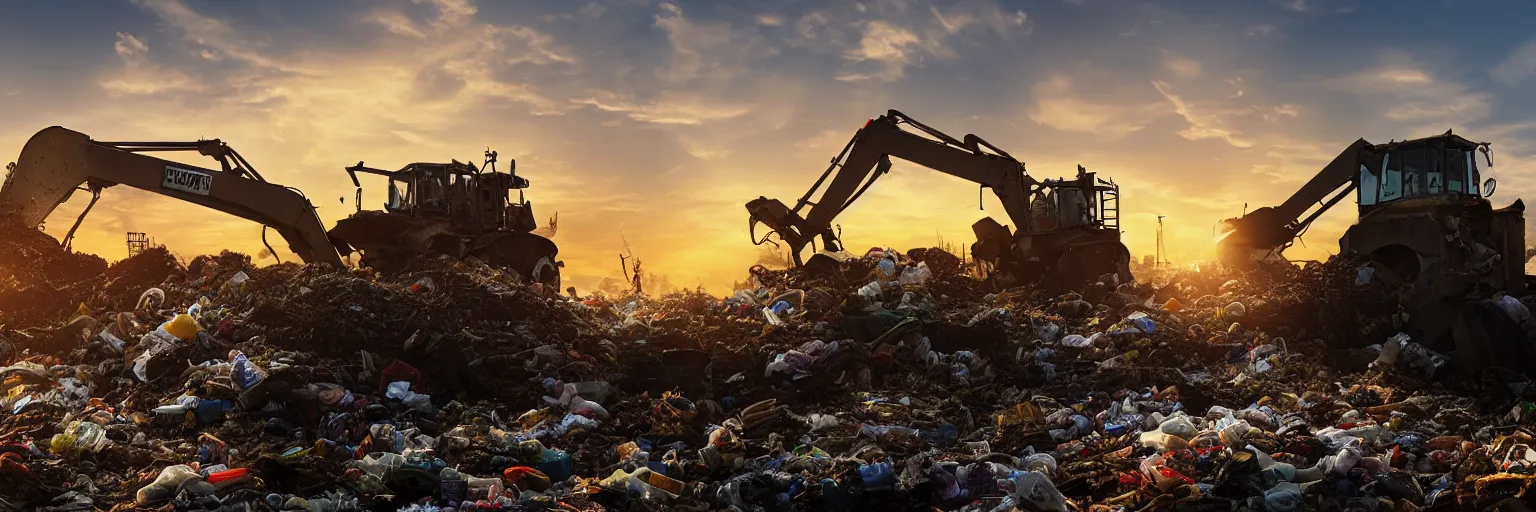 Image similar to Silhouette of bulldozer machine moving garbage on junkyard heap, photorealistic image, golden hour, low angle shot, very detailed