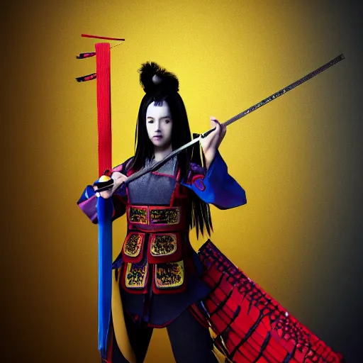 Prompt: photorealistic portrait of a fighting, beautiful, arrogant, female samurai warrior, holding katana sword in left hand, holding katana sword in right hand, goth punk, vibrant yellow, red, blue, colors, surreal, a french baroque by by alexander mcqueen, octane render, hyper detailed, cinematic lighting
