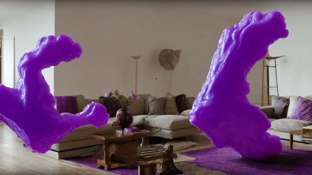 Prompt: a giant hand made of purple wax float through the living room film still from the movie directed by denis villeneuve with art direction