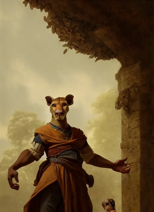 Image similar to a beautiful closeup shot from a fantasy film of a humanoid fossa wearing a loose tunic. an anthropomorphic fossa. portrait. joseph ducreux, greg rutkowski.