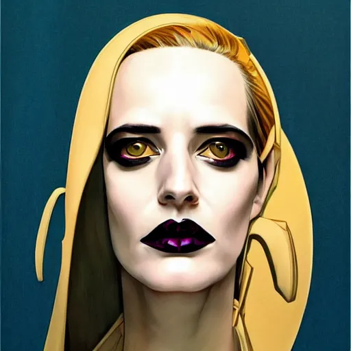 Image similar to Joshua Middleton artwork, wide shot, stunning elegant female Eva Green, futuristic spy, tribal mask, beautiful evil sneer, symmetrical face, symmetrical eyes, leather clothing and boots, long straight golden hair, full body, Indigo occult pattern