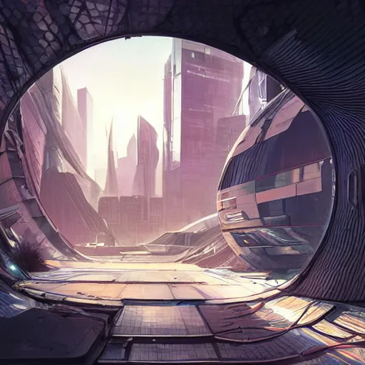 Image similar to circular derelict portal in a middle of a futuristic cityscape, world seen only through a portal, daylight, cinematic perspective, cinematic lighting, blue sky, syd mead, john harris