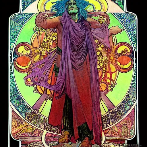 Image similar to “colorfull artwork by Franklin Booth and Alphonse Mucha and Moebius showing a portrait of Led Zepplin”