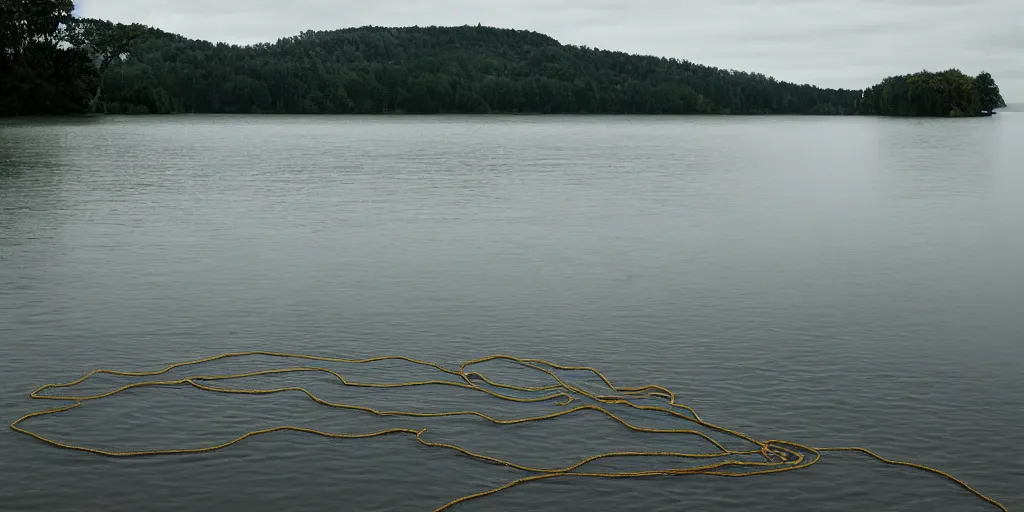 Prompt: centered photograph of a single line of big thick long nylon rope floating on the surface stretching out to the center of the lake, a dark lake sandy shore on a cloudy day, color film, trees in the background, hyper - detailed color photo, anamorphic lens