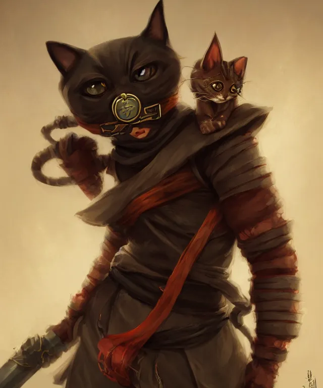 Image similar to anthropomorphic cat ninja,, ninja outfit, cute and adorable, pretty, beautiful, dnd character art portrait, matte fantasy painting, deviantart artstation, by jason felix by steve argyle by tyler jacobson by peter mohrbacher, cinematic lighting