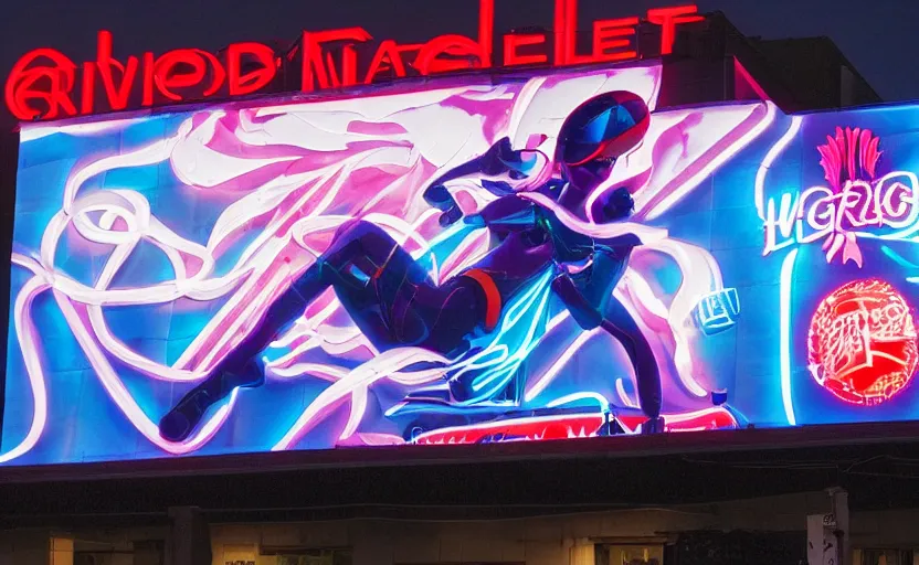 Prompt: night lighting billboard advertisement with an extremely beautiful photo of a white marble statue of an anime girl with colorful motocross logos and motorcycle helmet with closed visor, colorful smoke in the background, carved marble statue, fine art, neon genesis evangelion, virgil abloh, offwhite, denoise, highly detailed, 8 k, hyperreal