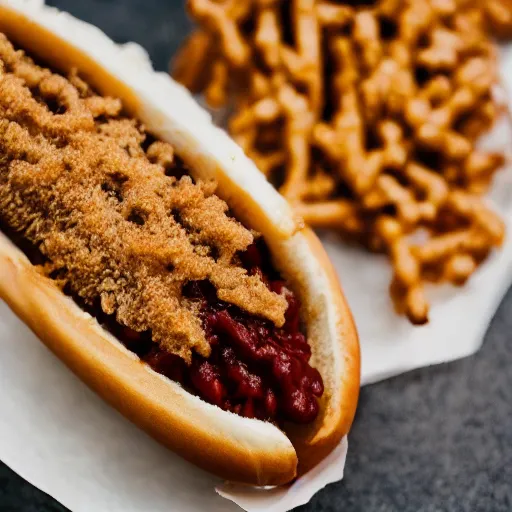 Image similar to photo of a white dog eating a chili dog with cheese, 50mm, beautiful photo
