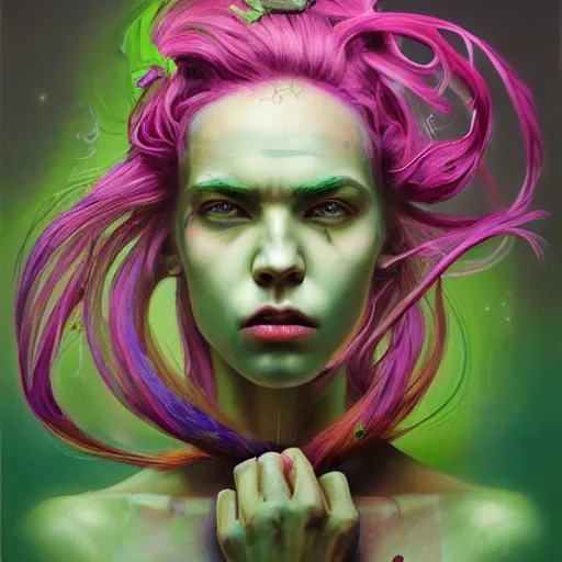 Prompt: art portrait of a furious girl with purple tentacles on her head and bright green eyes, 8k,by tristan eaton, Stanley Artgermm,Tom Bagshaw,Greg Rutkowski,Carne Griffiths,trending on DeviantArt, face enhance,hyper detailed ,full of colour,