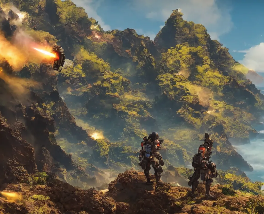 Prompt: vfx color film closeup, apex legends team irl, in maui, low - key lighting award winning photography arri alexa cinematography, hyper real photorealistic cinematic beautiful, atmospheric