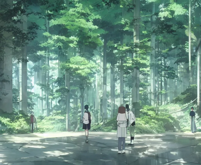 Image similar to A large white science facility built in a forest, peaceful and serene, incredible perspective, soft lighting, anime scenery by Makoto Shinkai and studio ghibli, very detailed