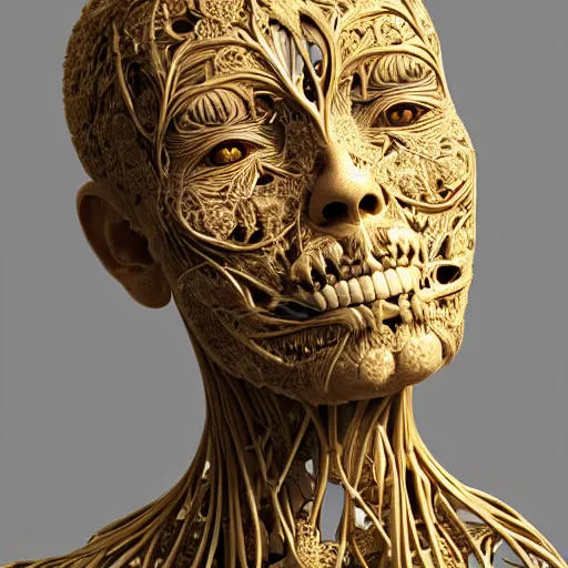 Prompt: beatifull frontal portrait of a woman, 150 mm, anatomical, flesh, flowers, mandelbrot fractal, facial muscles, veins, arteries, symmetric, intricate, golden ratio, full frame, microscopic, elegant, highly detailed, ornate, ornament, sculpture, elegant , luxury, beautifully lit, ray trace, octane render in the style of Trevor brown , robert Mapplethorpe and Terry Richardson