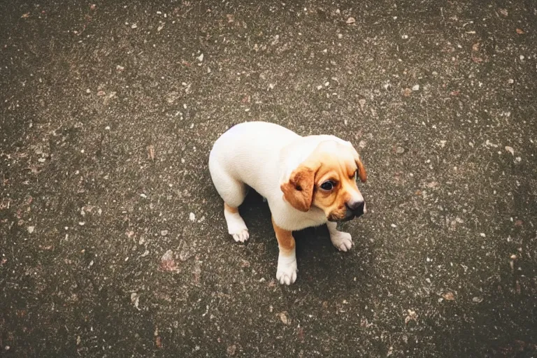 Image similar to an afraid puppy that is looking directly down at the water below while standing at an edge