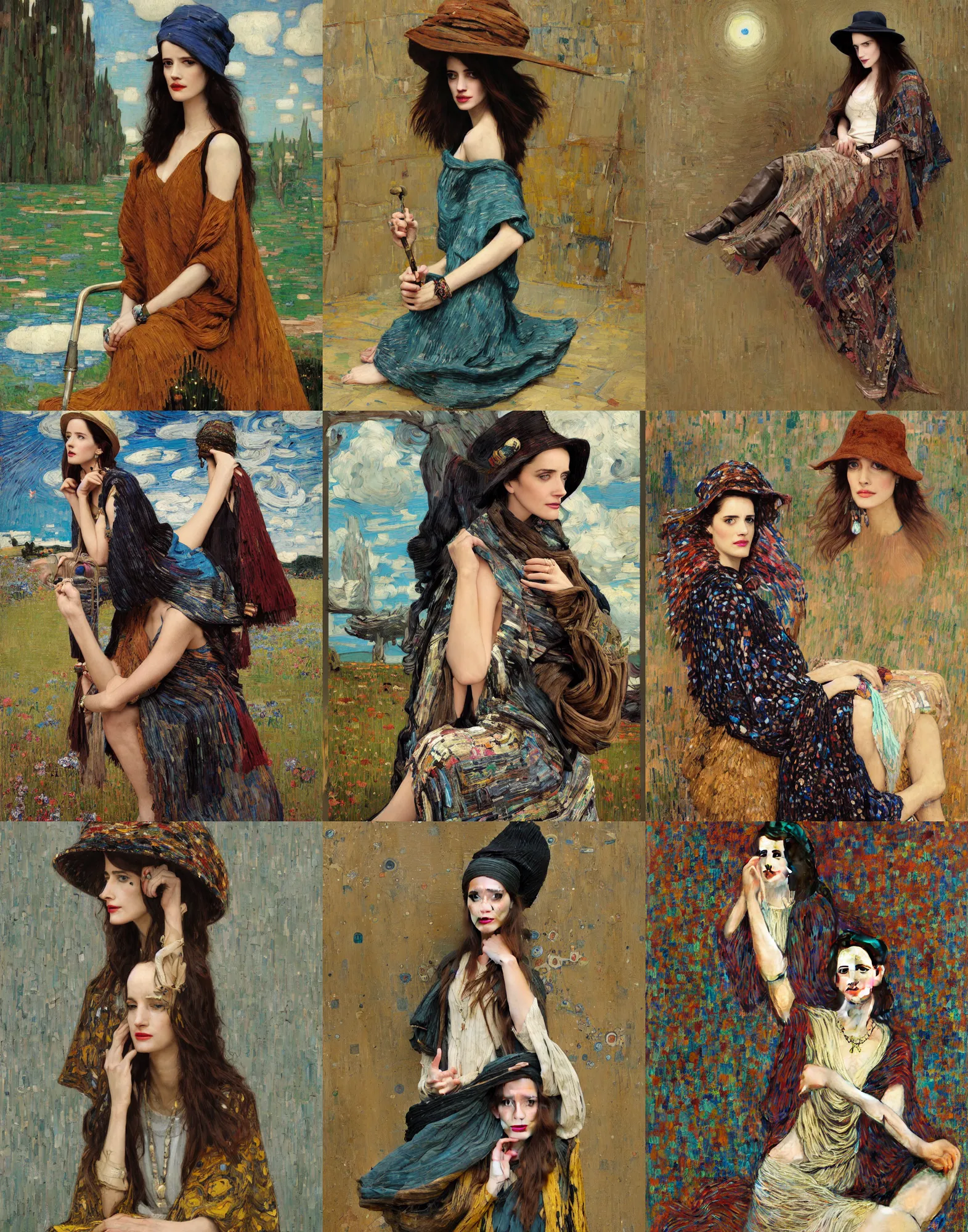 Prompt: portrait of fashionable young woman wearing rich jewerly hat and boho poncho into concrete hitech interior, eva green, sitting dynamic pose, Low poly, thunder clouds in the sky, artwork by john william waterhouse and Denis Sarazhin and klimt and rhads and van gogh and Dean Ellis and Detmold Charles Maurice, levitation, industrial rusty pipes, simple form, brutal shapes