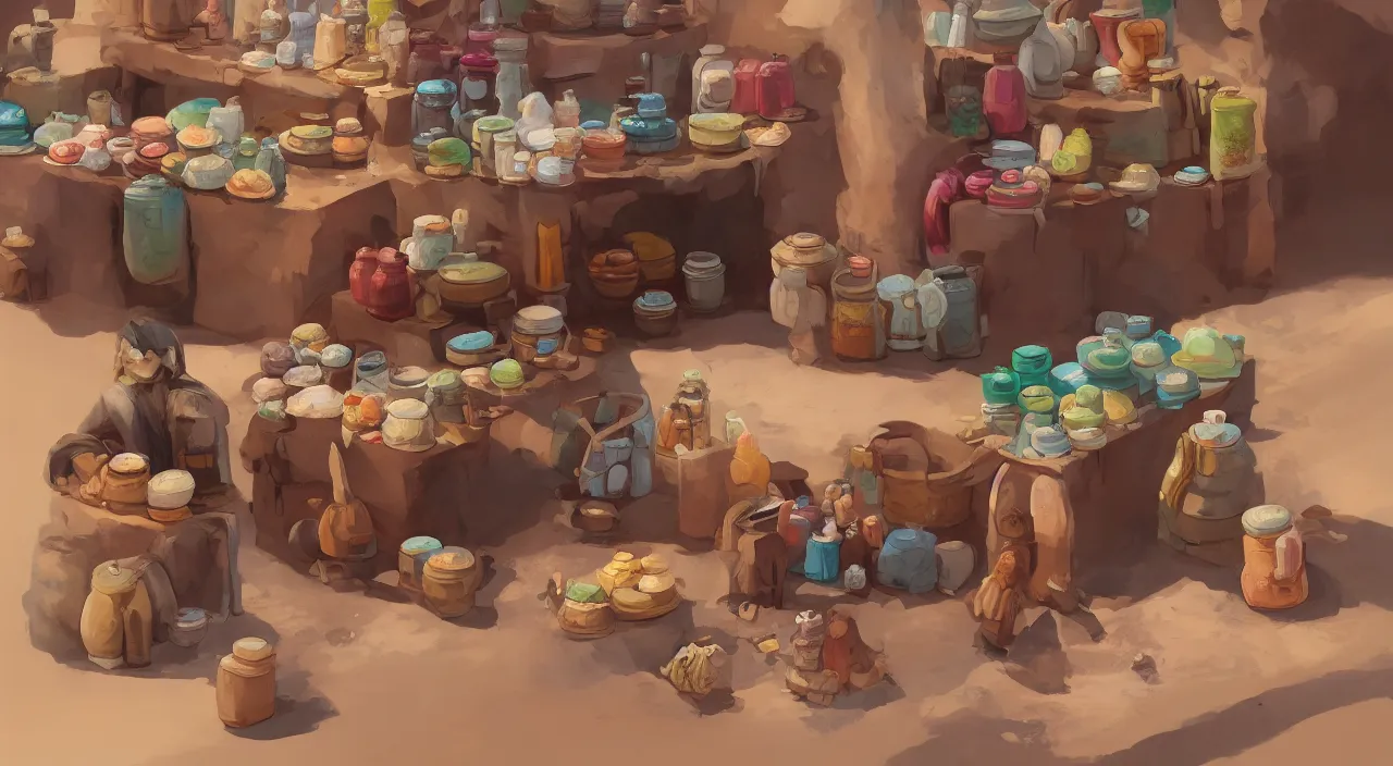 Image similar to A desert shopkeeper selling canteens, trending on artstation