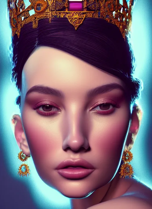 Image similar to portrait of latina queen, zoom, close, face, fantasy, rule of thirds, atmosphere, intricate, regal, octane render, arnold render, unreal engine, lumen, symmetrical!!, loreal, maybelline, sephora, loreal, artstation, art by karol bak ( ( cinematic ) ), concept art, filmic, vsco