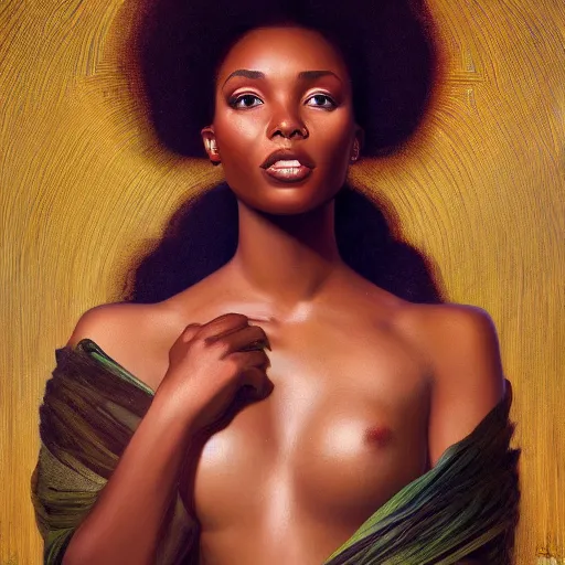 Image similar to modern black woman | hyperrealistic | digital painting | trending on artstation | pinup portrait | clean | illustration | dressed | Unreal Engine 5 | 8k resolution | by Greg Rutkowski Alphonse Mucha Gustav Klimt and Mel Ramos