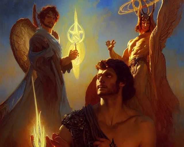 Image similar to attractive male deity, casting demonic magic, summoning handsome lucifer morning star. highly detailed painting by gaston bussiere, craig mullins, j. c. leyendecker 8 k