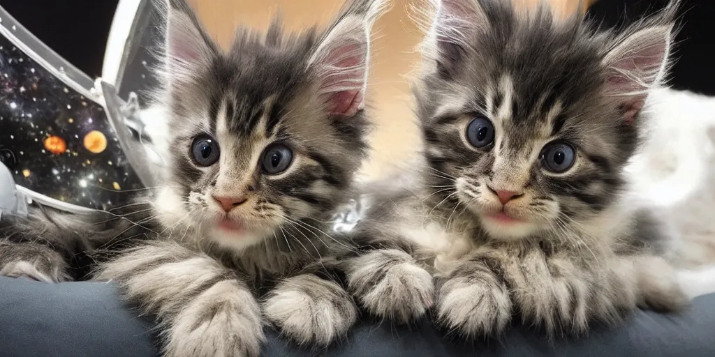 Image similar to maine coon kitten descendant 1 million in the future. the kitten wears a spacesuit, and explores cosmos in a space ship with a cat tree. science fiction blockbuster movie kittens rule the world or my favorite martian is a kitten!, lightyear ( film, 2 0 2 2 ), star wars, silent running, sttng, arrival.