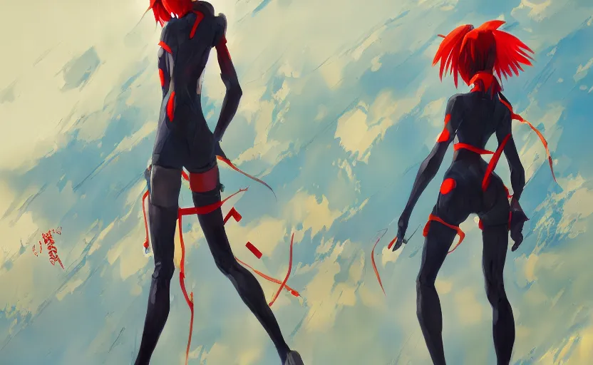 Image similar to A painting of Asuka from Evangelion trending on artstation in the style of Greg Rutkowski